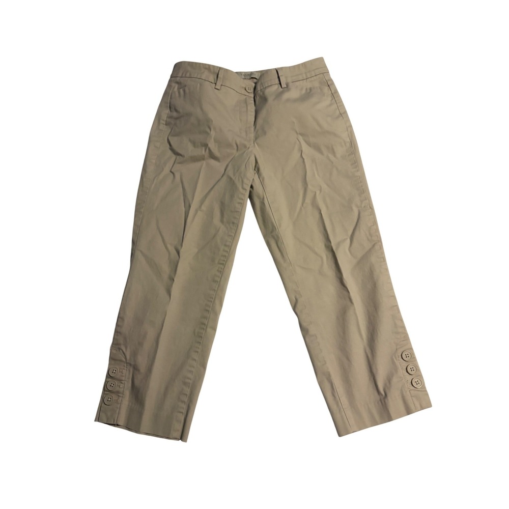 Talbots Cropped Pants Khaki Beige Button Hem Detail Petite 2P Preppy Workwear